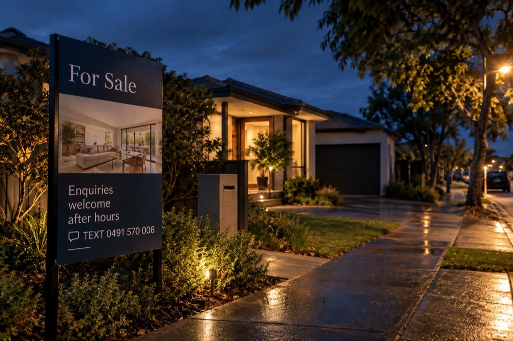 A for-sale board at dusk reading Enquiries welcome after hours.