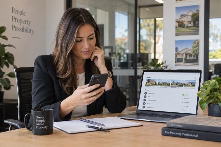 An agent at her desk with the enquiry list open beside her.